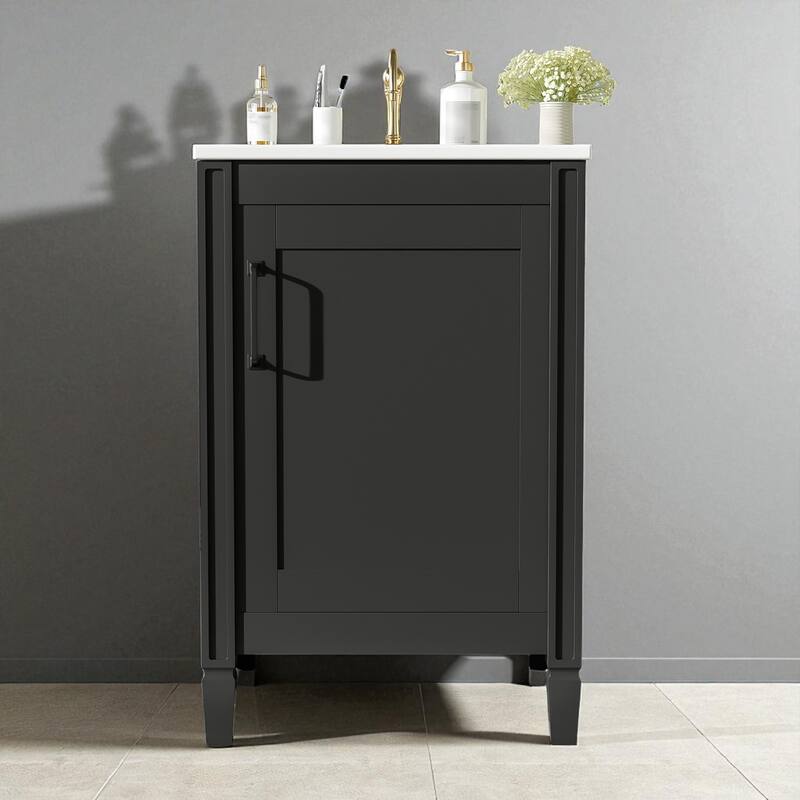 20" Bathroom Vanity with Ceramic Sink, Soft-Close Door, Adjustable U-Shaped Shelf, and Door-Mounted Storage Rack - Black