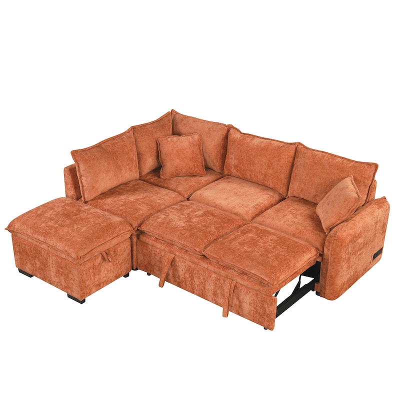 L-Shaped Sectional Pull Out Sofa 4-Seater Convertible Couch with 2 USB Ports Power Sockets and Movable Storage Ottoman