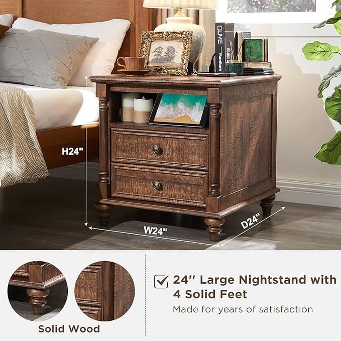 Farmhouse End Table, Sofa Side Table with Charging Station, Nightstand