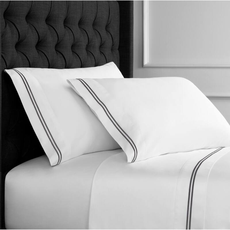 Home Sweet Home Collection 600 Thread Count Cotton 2 Stripe Embroidery Bed Sheet Set - Full - Grey