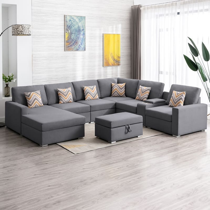 Linen Fabric 8 Piece U-Shaped Reversible Chaise Sectional Sofa with Interchangeable Legs and 6 Pillows