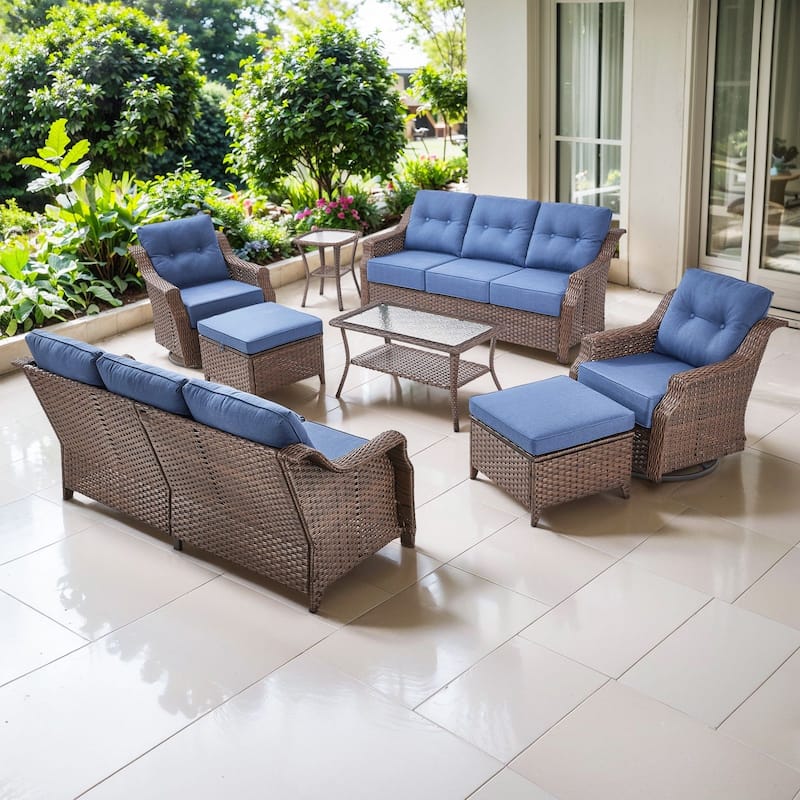 Artisan 8-Piece Patio Brown Wicker Sofa Conversation Set with 6-Inch Thick Cushions