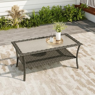 Wicker Outdoor Coffee Table for Patio with Glass Top