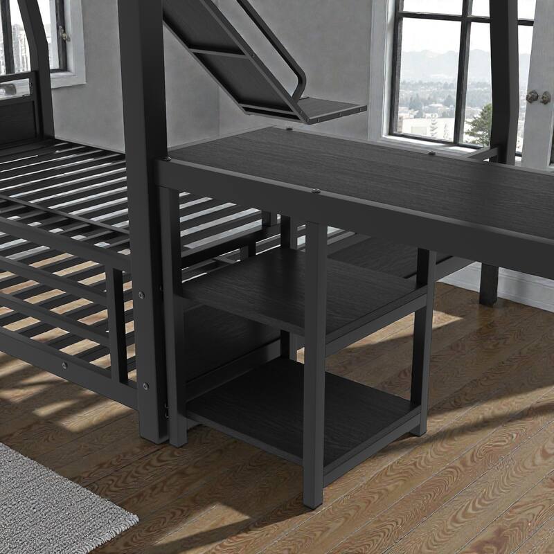 L-Shaped Metal Triple Bunk Bed with Slide, Full XL Over Queen and Twin XL Loft with Desk and Shelves
