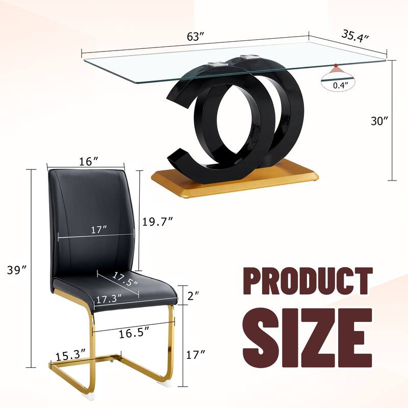 Luxury 7-Piece Dining Table Set 63-Inch Rectangular Glass Table with 6 Faux Leather Chairs Modern Kitchen Dining Table Set for 6