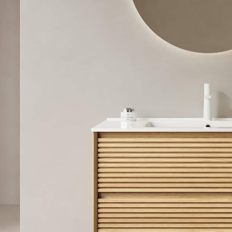 GDFStudio - Bron Modern Floating Bathroom Vanity with Integrated Rectangular Ceramic Basin and 2 Soft-Close Drawers, NO Faucet