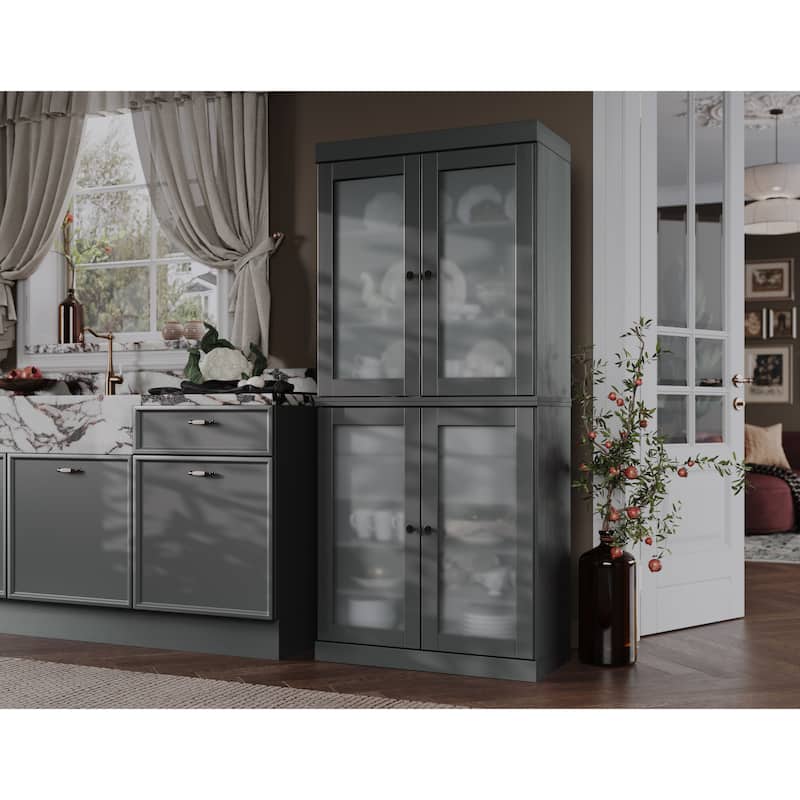 Palace Imports 100% Solid Wood Pantry Cabinet with Frosted Glass Doors, 2-Drawers and Adjustable Shelves - 32" x 71.5"