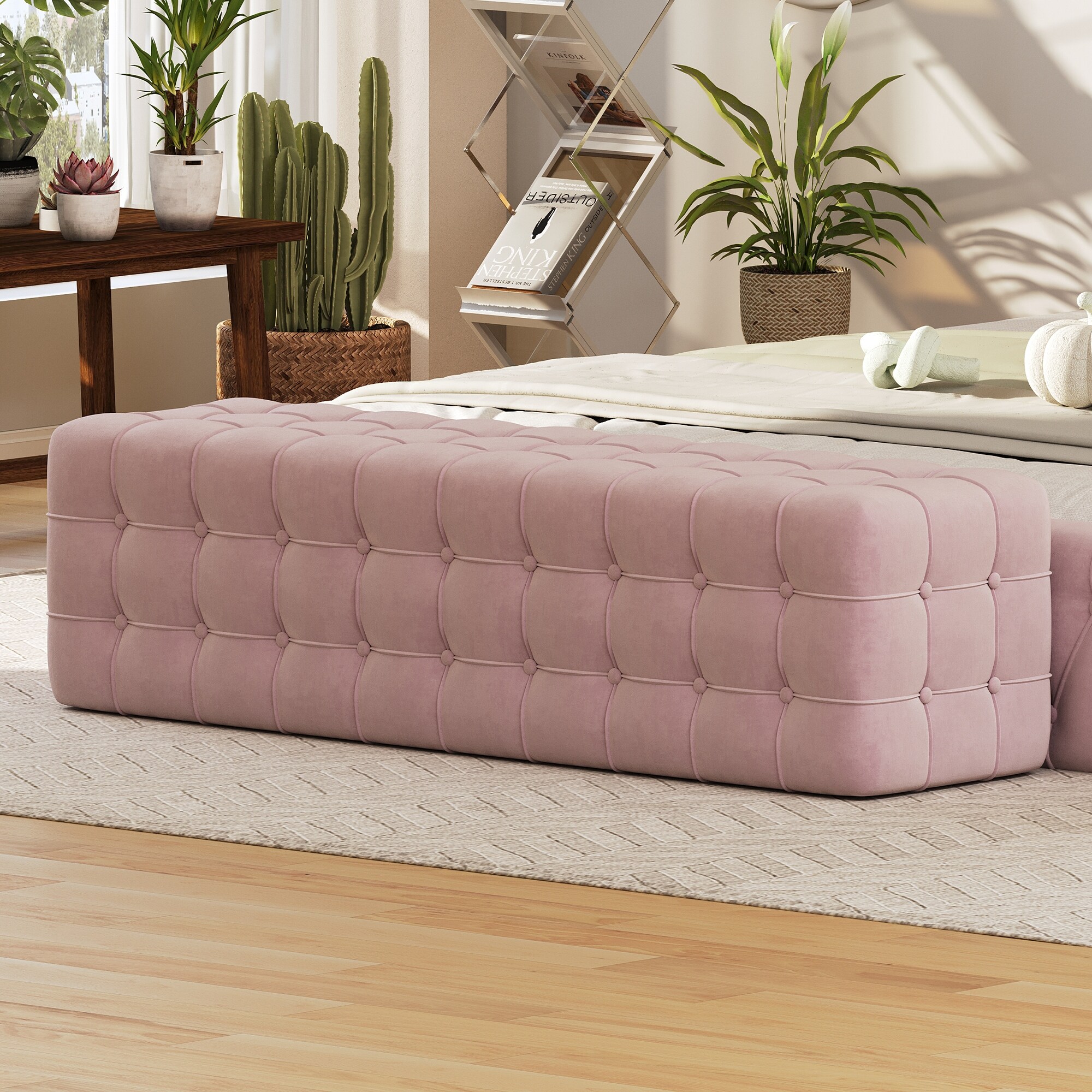 Velvet Upholstered Rectangular Ottoman Pink Footstool with Foam Padding Bedroom Lounge Bench MDF