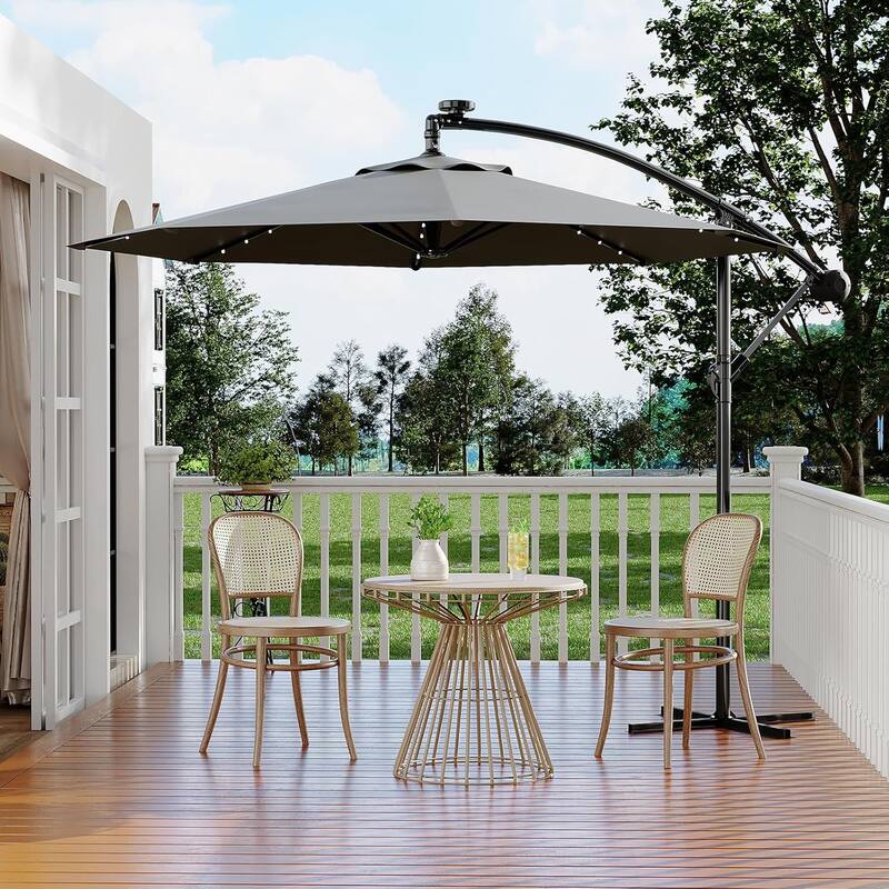 10ft Solar Lights Offset Patio Umbrella, Cantilever Umbrella with Easy Lift & Tilt Adjustment, 8 Ribs Sun Umbrella UV - Grey