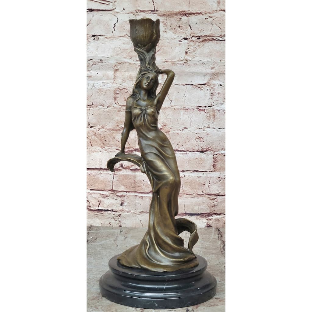 Figural Bronze Candlestick Water Nymph Candle Holder Sculpture By Milo