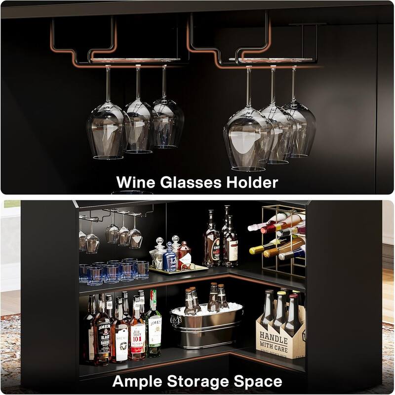 L Shaped Home Bar Cabinet Table with Stemware Racks
