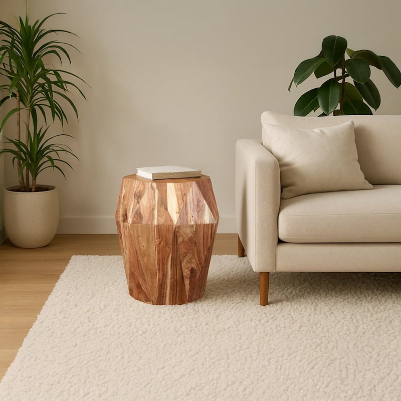 Bon 22 Inch Artisanal End Side Table, Multifaceted Solid Acacia Wood, Octagon Top, Natural Brown