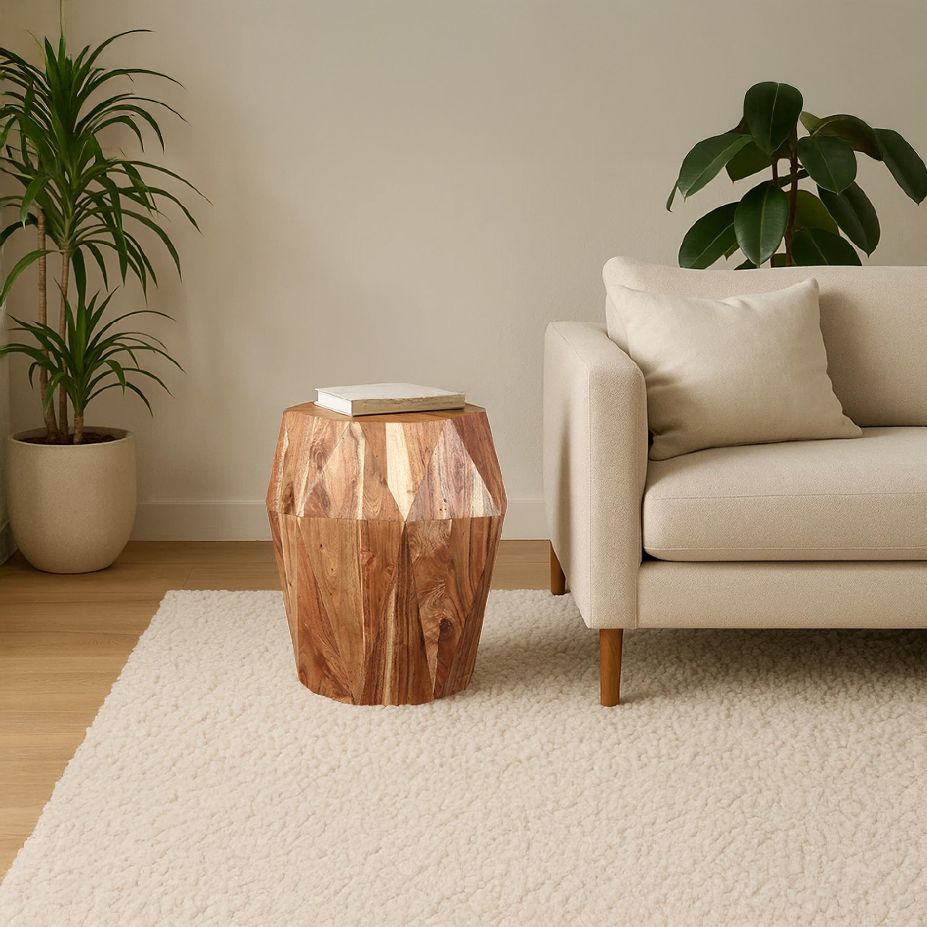 Bon 22 Inch Artisanal End Side Table, Multifaceted Solid Acacia