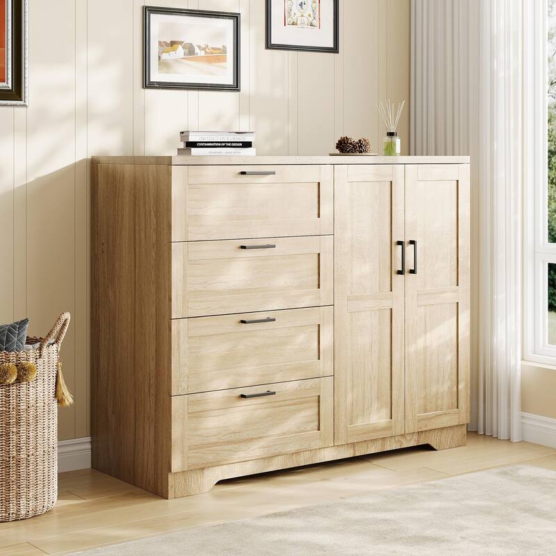 43.3" Armoire Wardrobe Closet with 4 Drawers & 2 Doors, Hanging Rod, Compact Wooden Storage Cabinet for Bedroom - oak