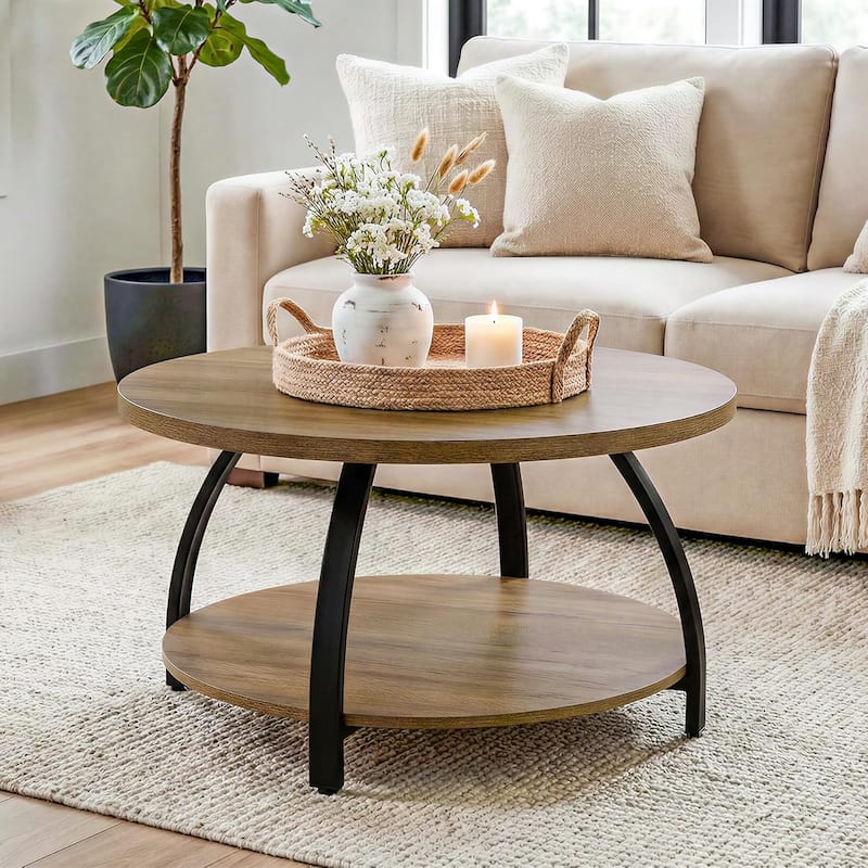 Farmhouse 31.5-Inch Round Coffee Table, Small Circle Cocktail Table for Living Room