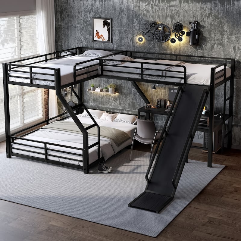 Roomfitters L-Shaped Twin over Queen/Full Metal Triple Bunk Bed with Twin Loft, Slide & USB Ports, Space-Saving Noise-Free Frame