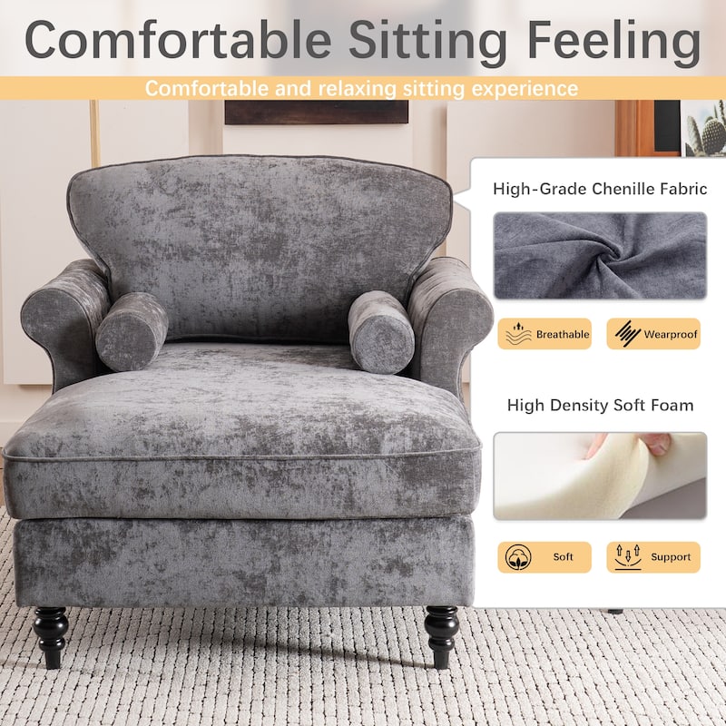 Oversized Chaise Lounge Chenille Chair Indoor Single Sofa with Wide Seat Design Suitable for Living Room Bedroom