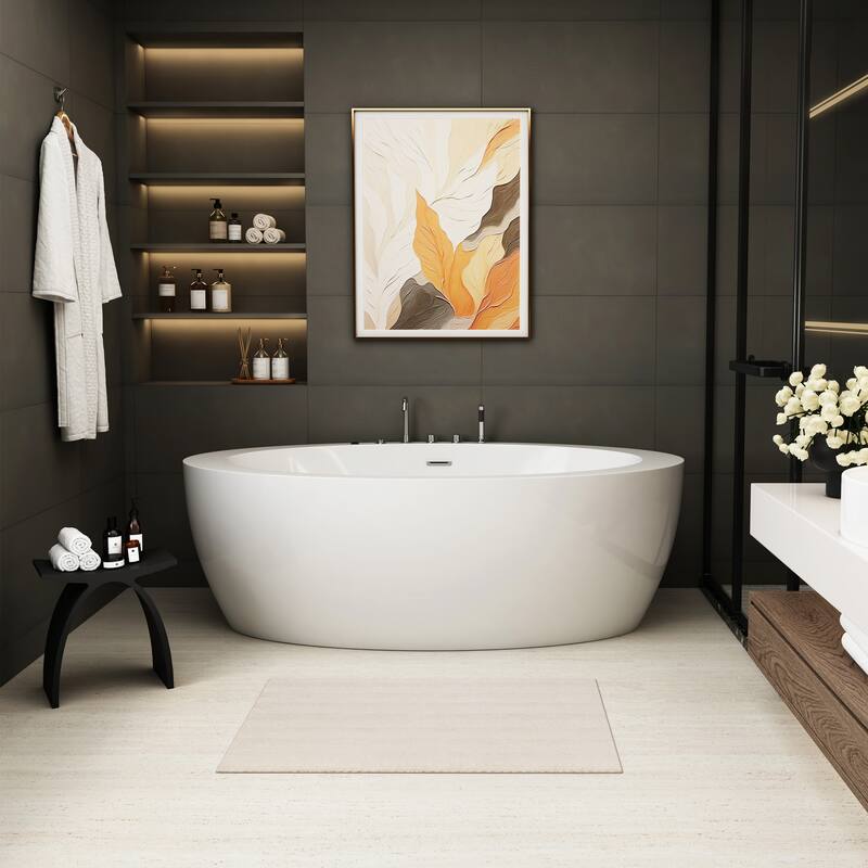 71 in. Freestanding Acrylic Whirlpool Bathtub with 6 Jets, Chromatherapy LED Lighting, 4-Hole Faucet Kit, Center Drain