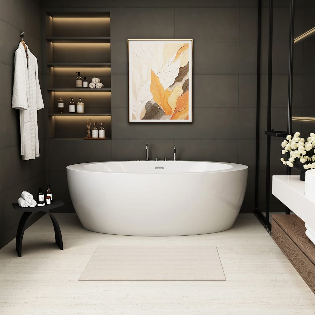 71 in. Freestanding Acrylic Whirlpool Bathtub with 6 Jets, Chromatherapy LED Lighting, 4-Hole Faucet Kit, Center Drain