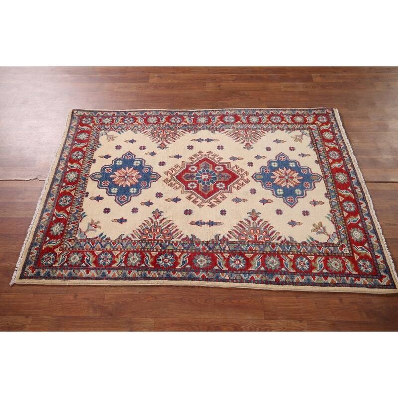 Ivory Geometric Kazak Accent Rug Handmade Wool Carpet - 3'4" x 4'10"
