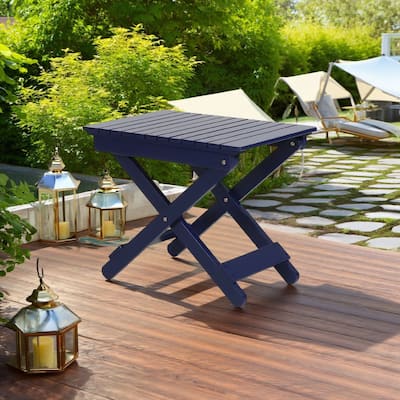 Kyre Outdoor Side Table, Foldable Slatted 23 Inch, Navy Blue Acacia Wood