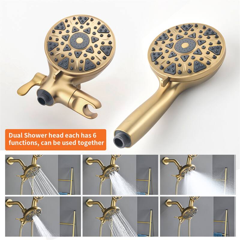 Wall Mount Dual Head Shower Faucet with Tub Spout Brass Complete Shower System with Handheld Shower Valve Included