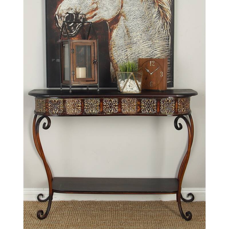 Brown Metal Embossed 1 Shelf Floral Console Table with Ornate Scroll Legs