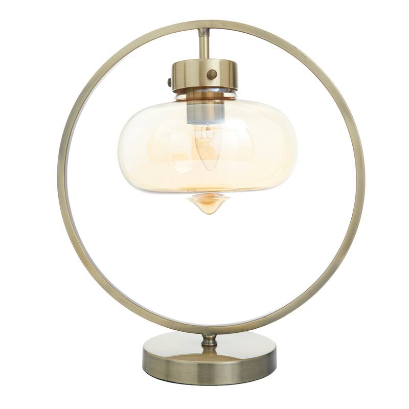 Gold Metal Circular Framed Accent Lamp with Hanging Glass Shade