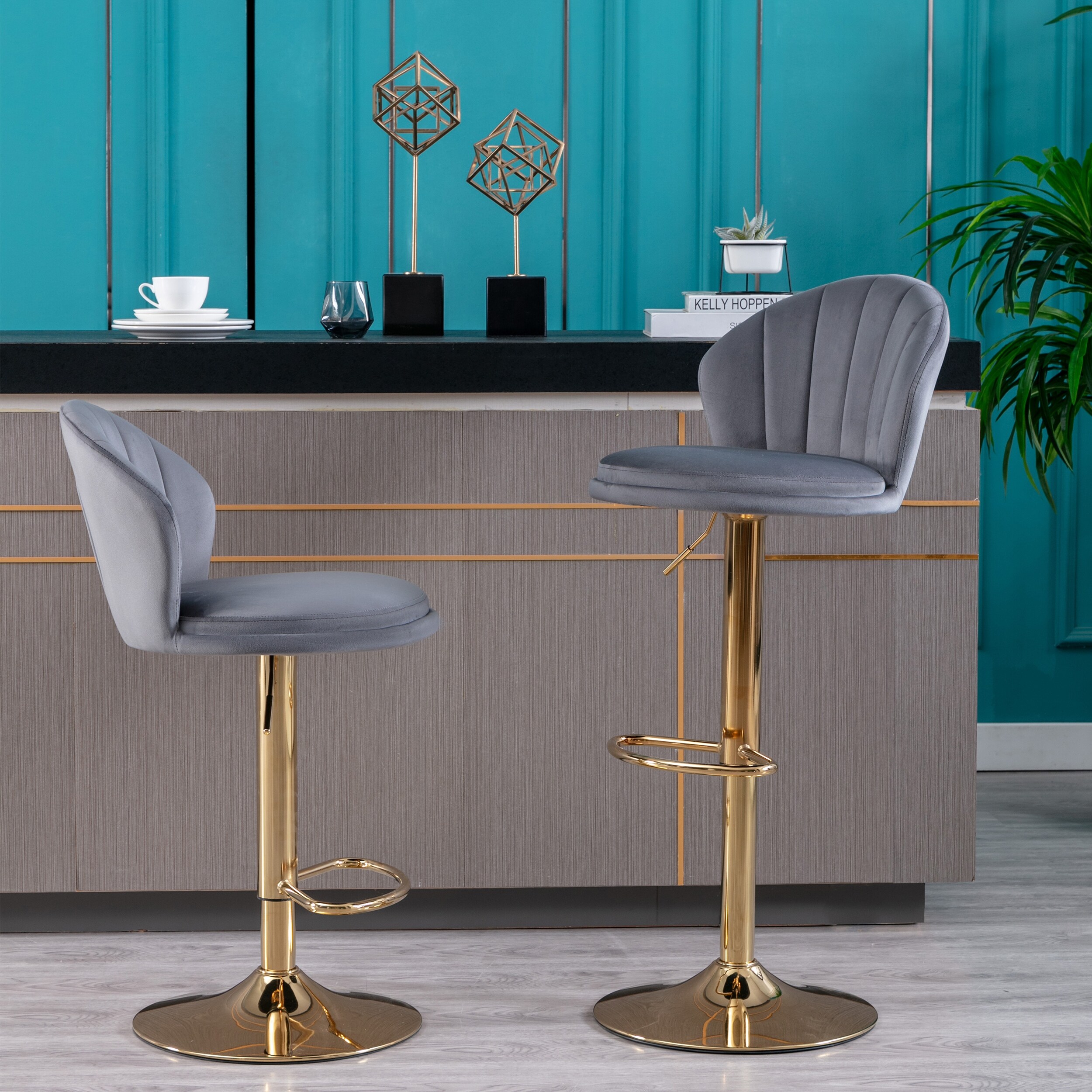 Grey velvet shop swivel bar stools