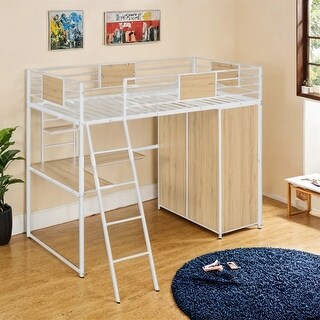 Twin Size Loft bed with L-shape Desk and Wardrobe