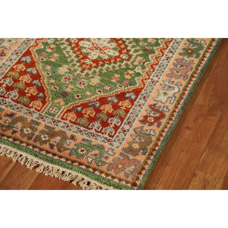Geometric Heriz Serapi Indian Runner Rug Green Handmade Wool Carpet - 2'7" x 8'0"