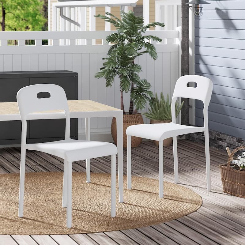Set of 2 Ergonomic Back Stackable Kitchen Dining Chair, Waterproof for Outside, Office, Kitchen - White