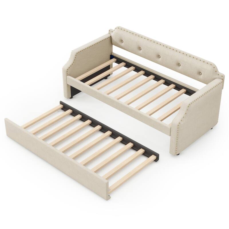 Twin Size Upholstered Sofa Daybed with Trundle, Wood Slat Support, Linen Frame, Perfect for Small Living Spaces and Guest Rooms