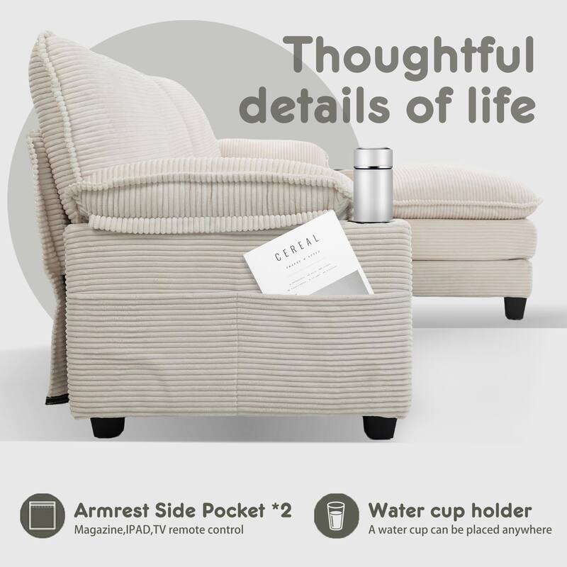 L-Shaped Modular Sectional Sofa with Ottoman, Oversized Corduroy Upholstered Cloud Couch with Cup Holders & Side Pockets