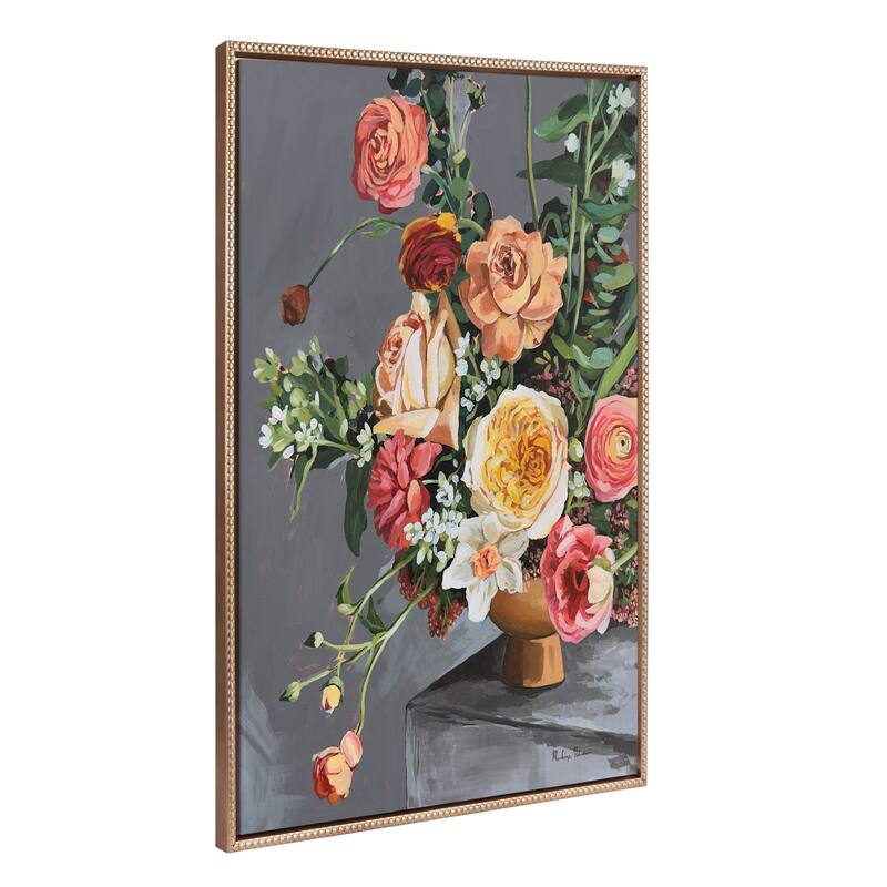 Kate and Laurel Sylvie Beaded Floral Emergence Framed Canvas by Mackenzie Nelson - 31.5x41.5 - Gold