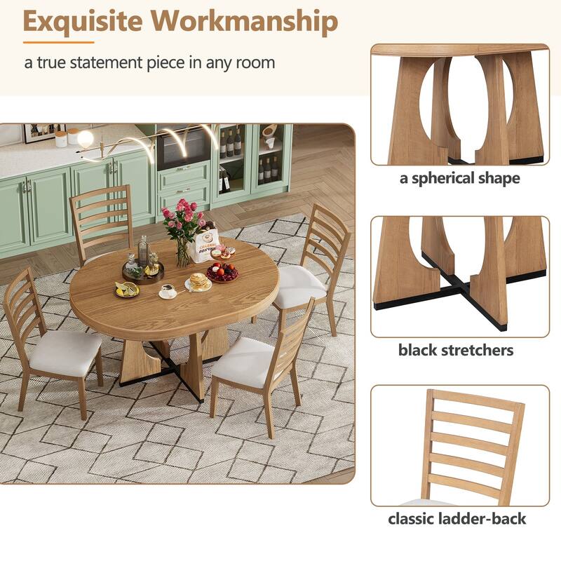 Retro 5-Piece Round Dining Table Set with Leaf Extension and Upholstered Chairs for Kitchen