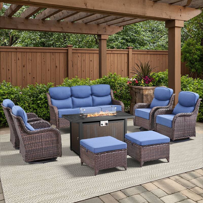 Arcadia 8-Piece PE Wicker Patio Seating Set with Durable All-Iron Fire Pit and 6-Inch Cushions - Navy Blue Cushions - Brown Wicker