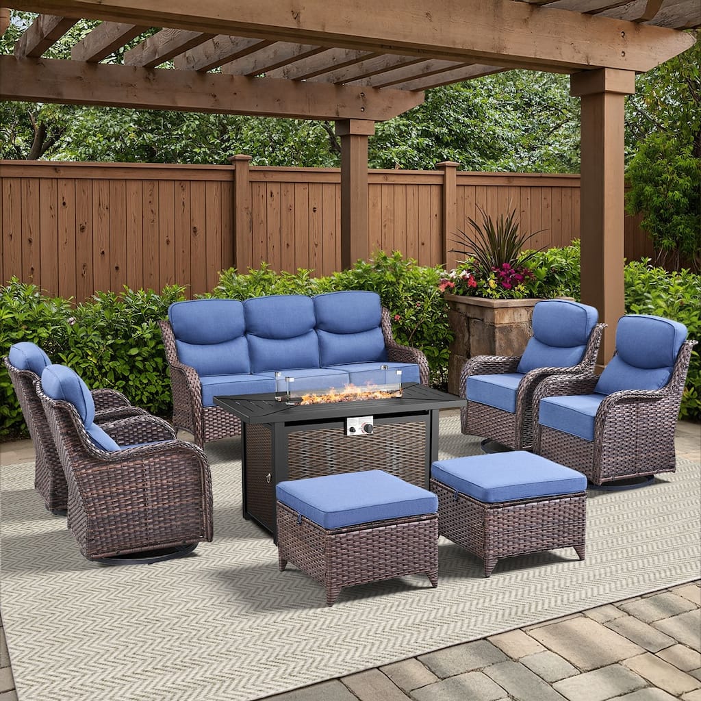 Arcadia 8-Piece PE Wicker Patio Seating Set with Durable All-Iron Fire Pit and 6-Inch Cushions