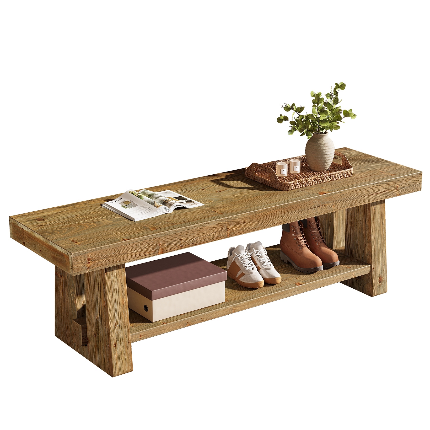 63'' Solid Wood Entryway Bench, 2-Tier End of Bed Bench