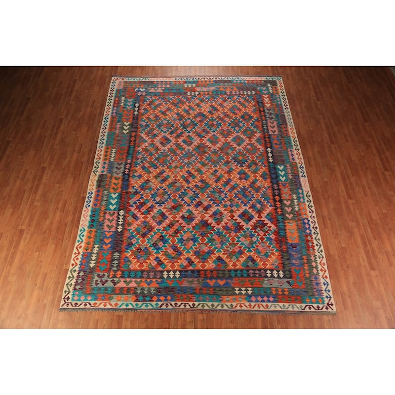 Reversable Kilim Oriental Area Rug Hand-Woven Orange Wool Carpet - 9'9"x 13'5"