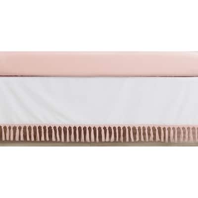 Boho Bohemian Girl Crib Bed Skirt - Blush Pink White Farmhouse Shabby Chic Designer Modern Minimalist Tassel Fringe Cotton