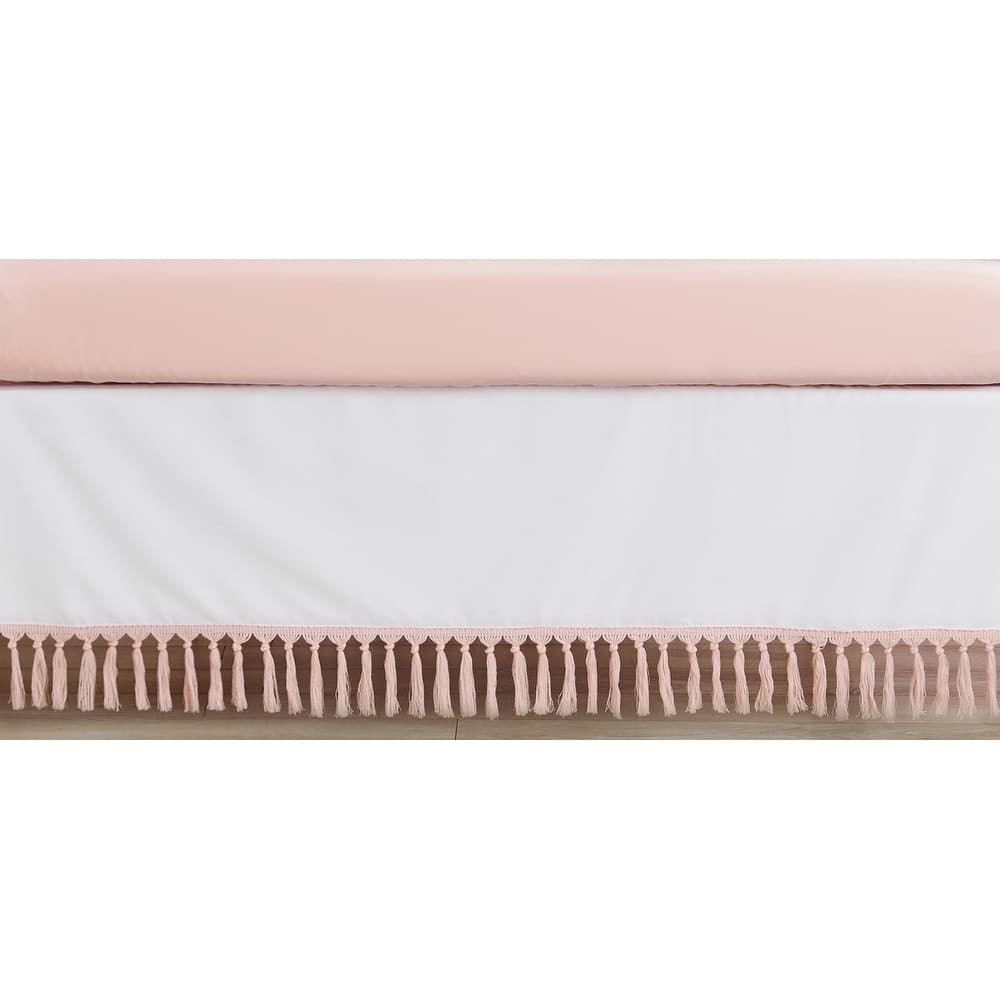 Boho Bohemian Girl Crib Bed Skirt - Blush Pink White Farmhouse Shabby Chic Designer Modern Minimalist Tassel Fringe Cotton