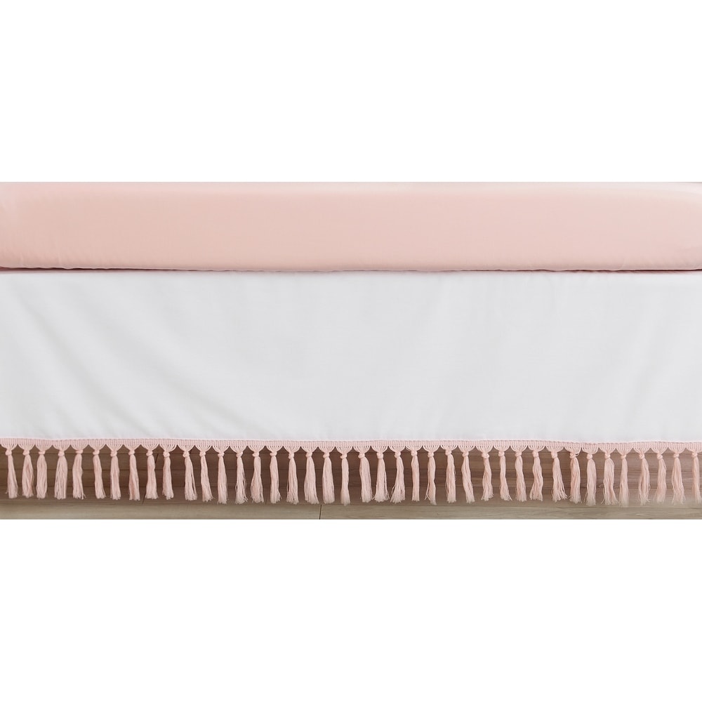 Boho Bohemian Girl Crib Bed Skirt - Blush Pink White Farmhouse Shabby Chic Designer Modern Minimalist Tassel Fringe Cotton
