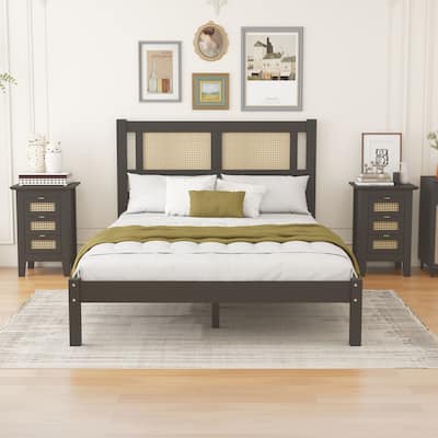 Platform bed with natural rattan headboard