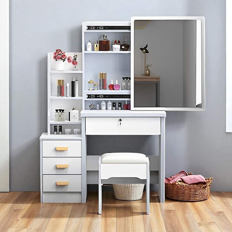 Vanity Desk with Mirror & LED Lights, 4 Drawers, Adjustable 3-Color Lighting, Chair & Shelves, Makeup Table Set - White