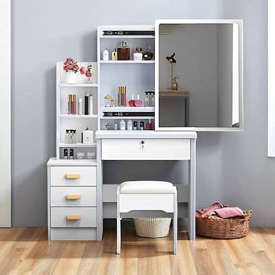 Vanity Desk with Mirror & LED Lights, 4 Drawers, Adjustable 3-Color Lighting, Chair & Shelves, Makeup Table Set