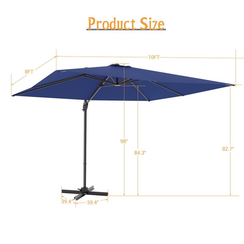 LIVOOSUN 10x8FT Rectangle Cantilever Umbrella Patio Offset Umbrella For Outdoor Space, Solution-Dyed Fabric, 360° Rotation