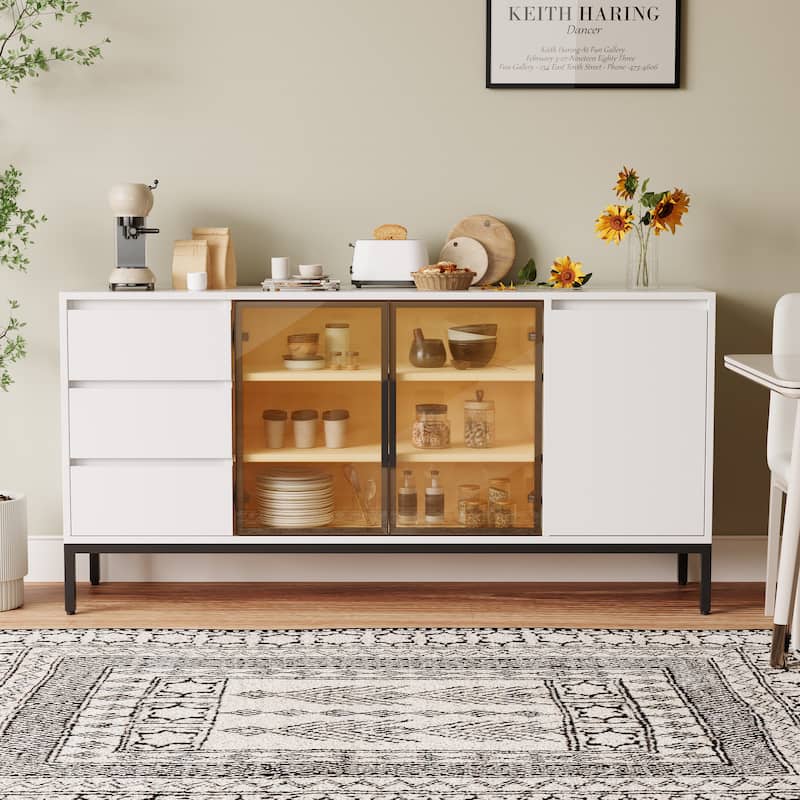 Buffet Cabinet With Storage, Kitchen Side Panel Storage Room With Doors And 3 Drawers, Pantry Cabinet Display Rack - White