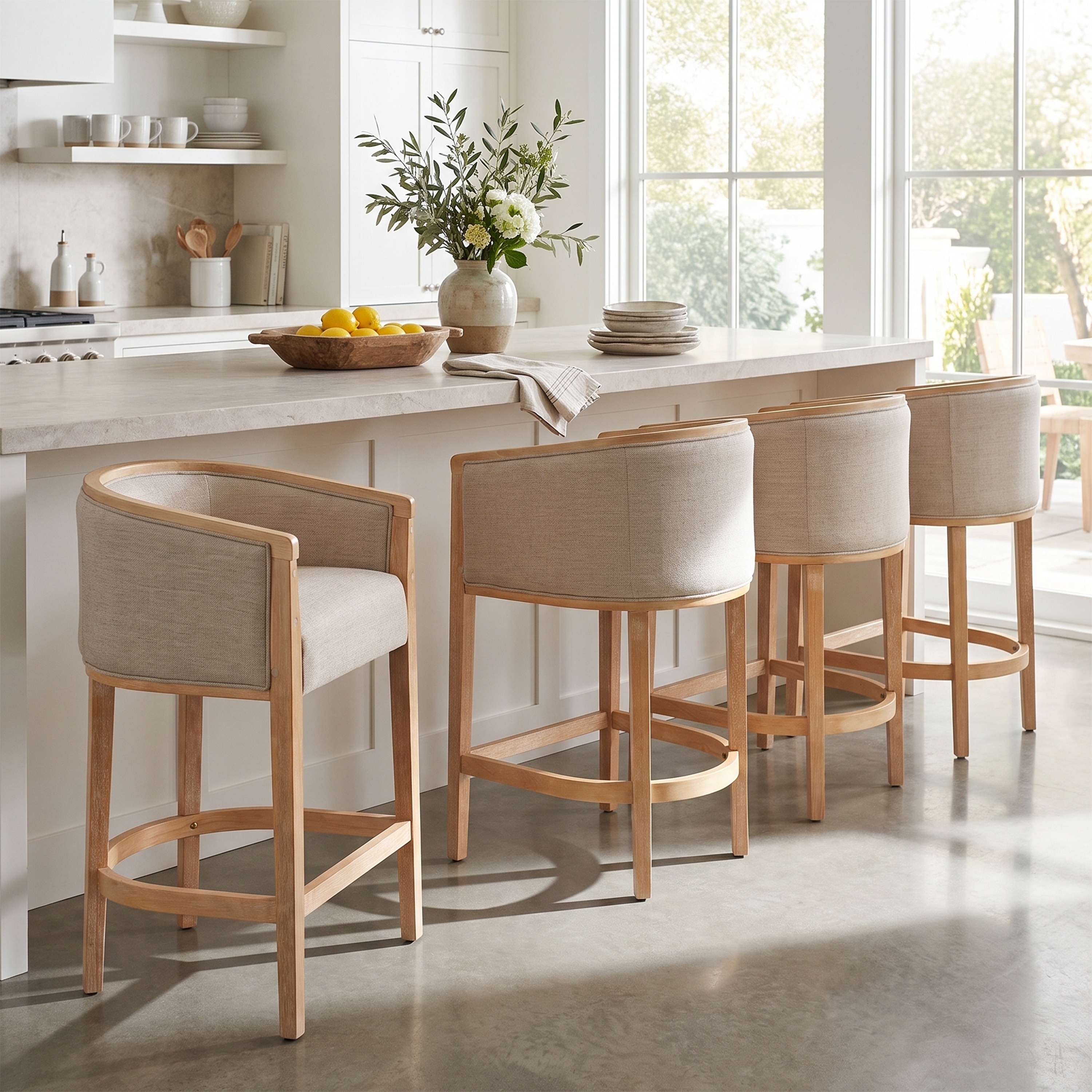 Christopher Knight Home - Set of 4 Counter Height Bar Stools Solid Rubberwood Upholstered Barrel Back Chairs with Footrest