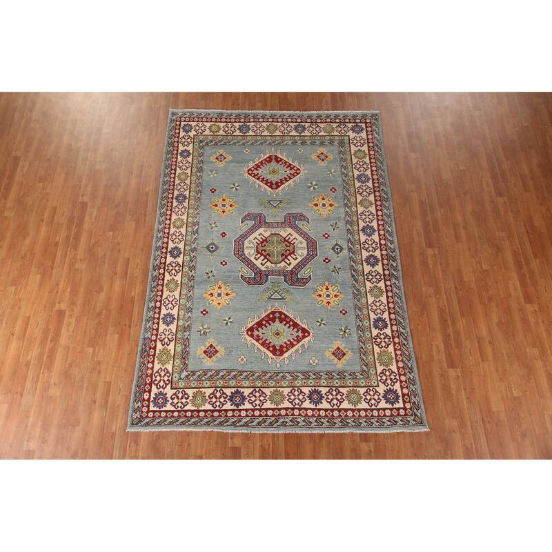 Light Blue Kazak Area Rug Hand-Knotted Traditional Wool Carpet - 6'6" x 9'7"
